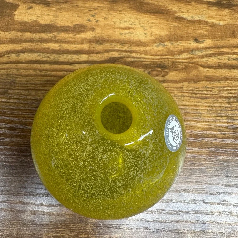 RBG Handmade Art Glass Bud Vase Yellow Green Seeded Bubble Sphere Vietnam